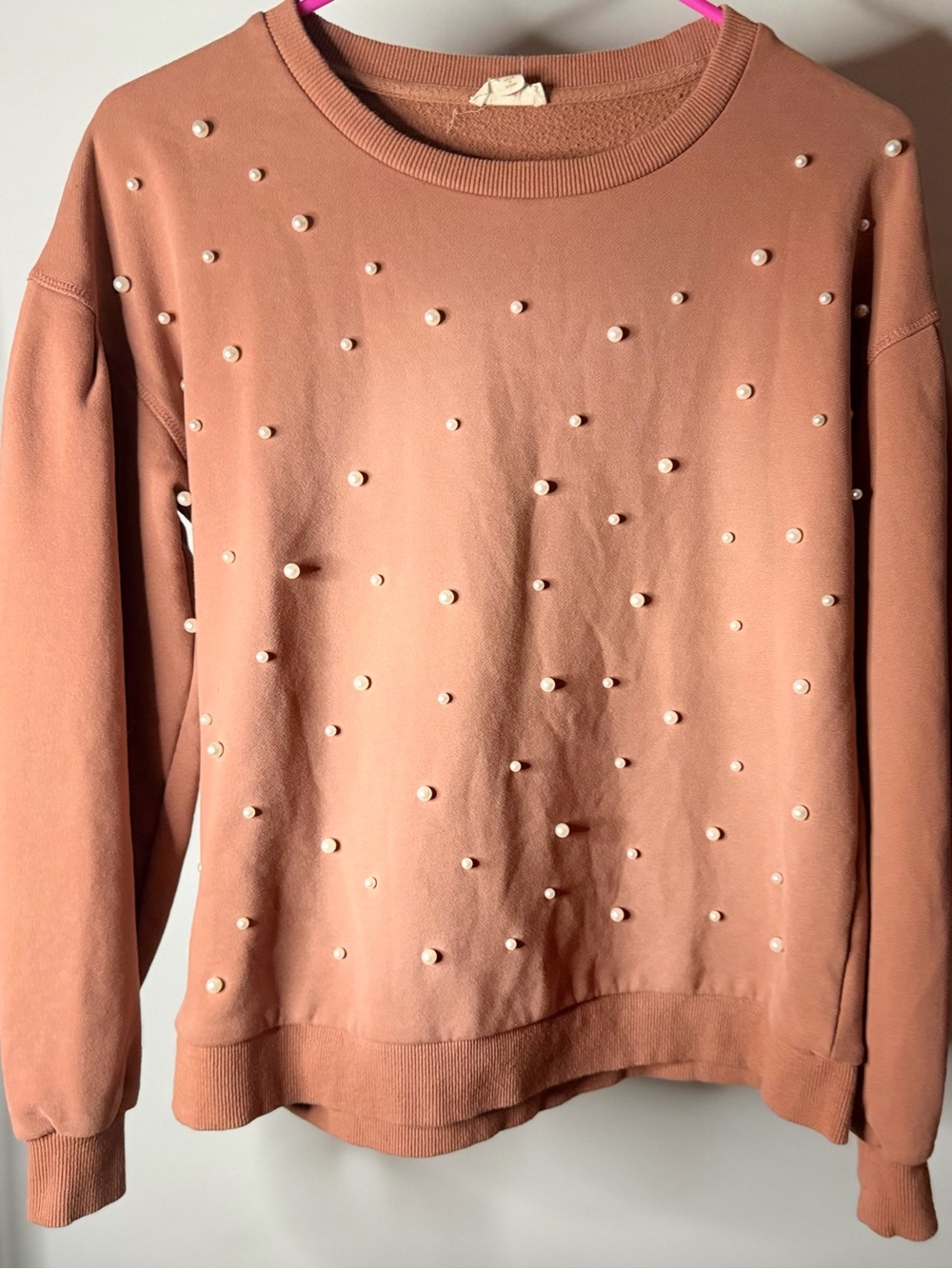 Hem & Thread Dusty Rose Pearl-Embellished Crewneck Sweatshirt